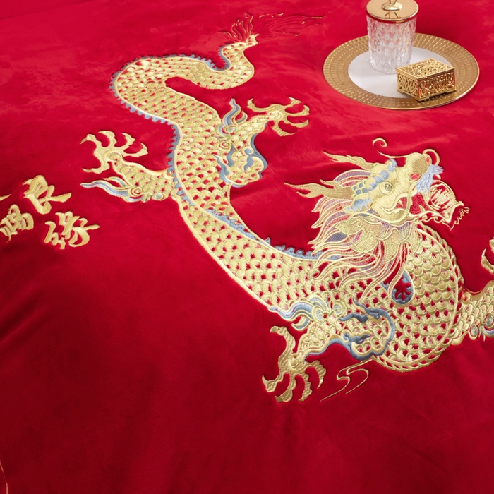 91家纺网 家纺一手货源 找家纺 千禧家纺 2025新款加厚高克重全消光牛奶绒刺绣婚庆四件套 龙凤喜事（绒）