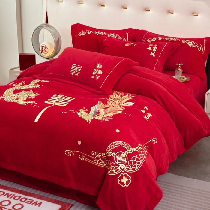 91家纺网 家纺一手货源 找家纺 千禧家纺 2025新款加厚高克重全消光牛奶绒刺绣婚庆四件套 龙凤喜事（绒）