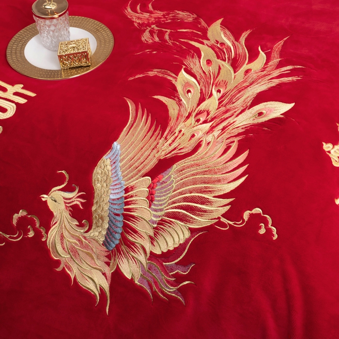 91家纺网 家纺一手货源 找家纺 千禧家纺 2025新款加厚高克重全消光牛奶绒刺绣婚庆四件套 龙凤喜事（绒）