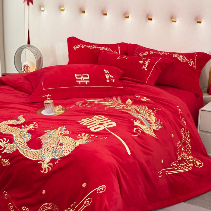 91家纺网 家纺一手货源 找家纺 千禧家纺 2025新款加厚高克重全消光牛奶绒刺绣婚庆四件套 龙凤喜事（绒）