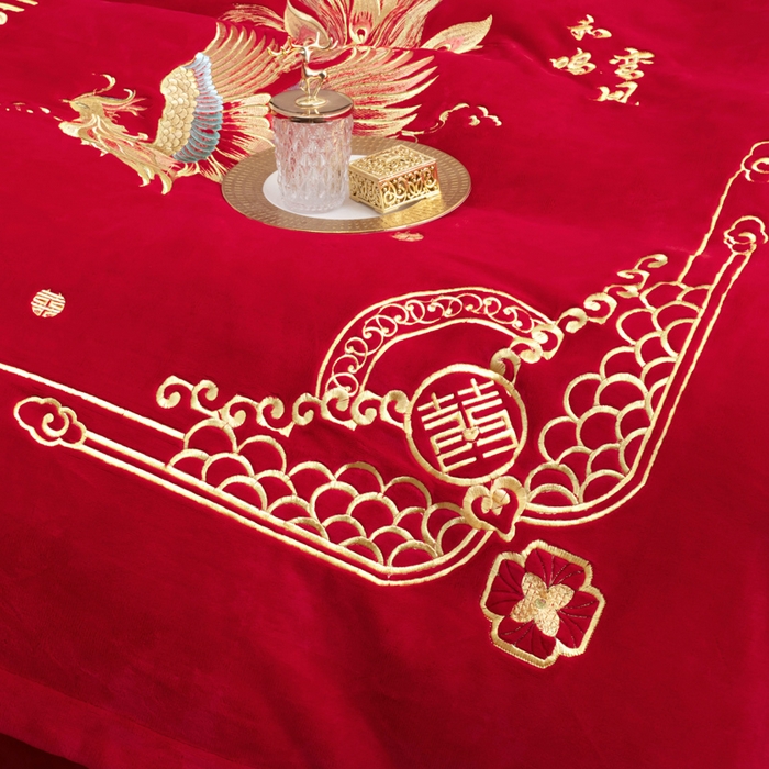 91家纺网 家纺一手货源 找家纺 千禧家纺 2025新款加厚高克重全消光牛奶绒刺绣婚庆四件套 龙凤喜事（绒）