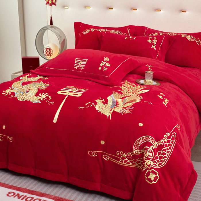 91家纺网 家纺一手货源 找家纺 千禧家纺 2025新款加厚高克重全消光牛奶绒刺绣婚庆四件套 龙凤喜事（绒）