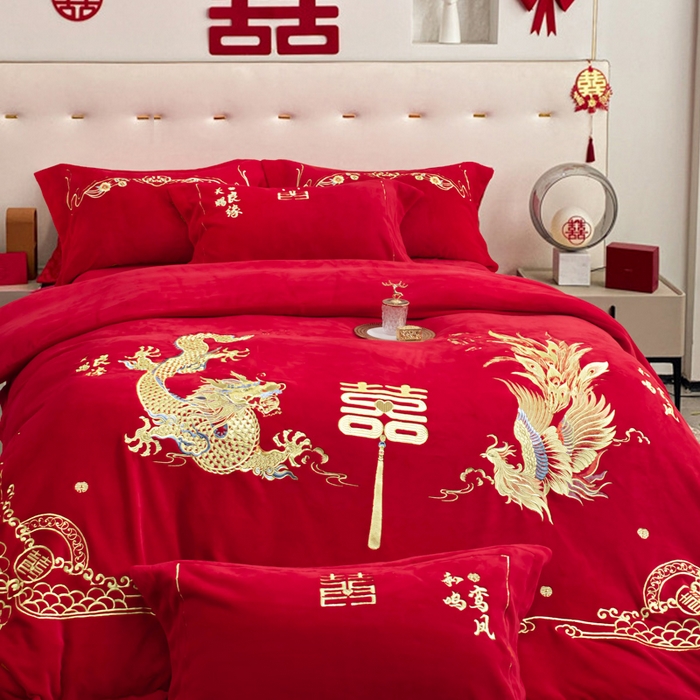 91家纺网 家纺一手货源 找家纺 千禧家纺 2025新款加厚高克重全消光牛奶绒刺绣婚庆四件套 龙凤喜事（绒）