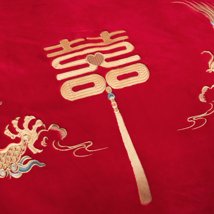 91家纺网 家纺一手货源 找家纺 千禧家纺 2025新款加厚高克重全消光牛奶绒刺绣婚庆四件套 龙凤喜事（绒）