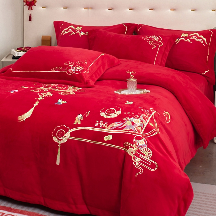 91家纺网 家纺一手货源 找家纺 千禧家纺 2025新款加厚高克重全消光牛奶绒刺绣婚庆四件套 早生贵子（绒）