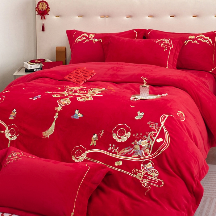 91家纺网 家纺一手货源 找家纺 千禧家纺 2025新款加厚高克重全消光牛奶绒刺绣婚庆四件套 早生贵子（绒）