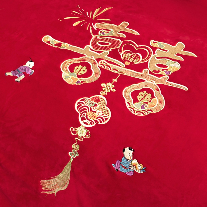 91家纺网 家纺一手货源 找家纺 千禧家纺 2025新款加厚高克重全消光牛奶绒刺绣婚庆四件套 早生贵子（绒）