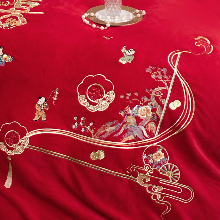 91家纺网 家纺一手货源 找家纺 千禧家纺 2025新款加厚高克重全消光牛奶绒刺绣婚庆四件套 早生贵子（绒）