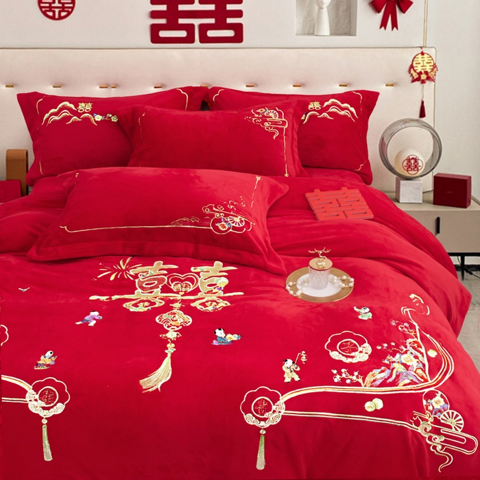 91家纺网 家纺一手货源 找家纺 千禧家纺 2025新款加厚高克重全消光牛奶绒刺绣婚庆四件套 早生贵子（绒）