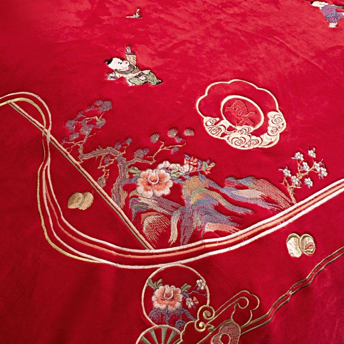 91家纺网 家纺一手货源 找家纺 千禧家纺 2025新款加厚高克重全消光牛奶绒刺绣婚庆四件套 早生贵子（绒）