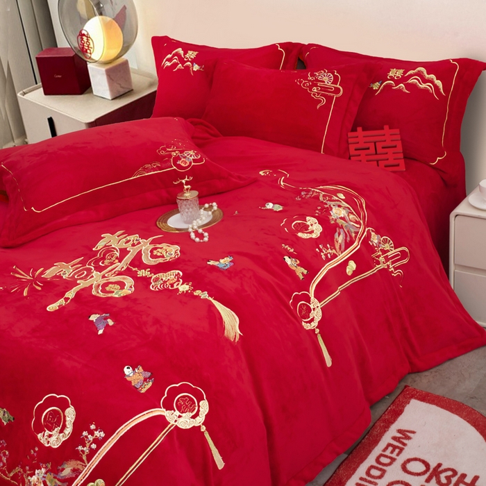 91家纺网 家纺一手货源 找家纺 千禧家纺 2025新款加厚高克重全消光牛奶绒刺绣婚庆四件套 早生贵子（绒）