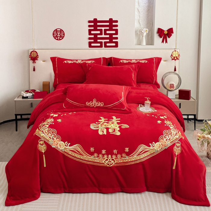 千禧家纺 2025新款加厚高克重全消光牛奶绒刺绣婚庆四件套 缔结良缘