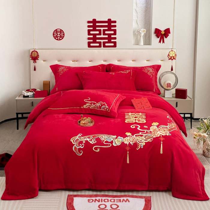 千禧家纺 2025新款加厚高克重全消光牛奶绒刺绣婚庆四件套 福禧生财