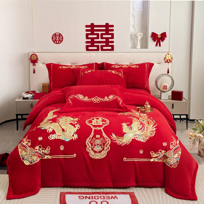 千禧家纺 2025新款加厚高克重全消光牛奶绒刺绣婚庆四件套 龙凤赐福