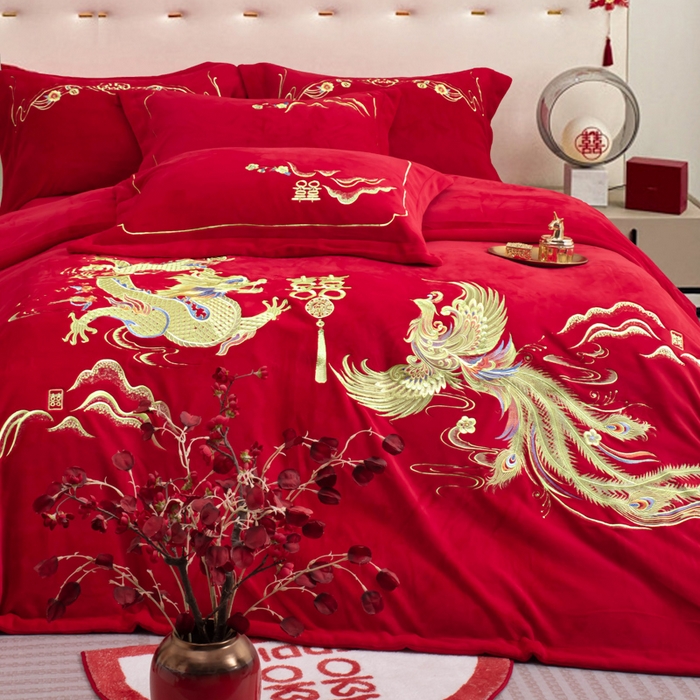 91家纺网 家纺一手货源 找家纺 千禧家纺 2025新款加厚高克重全消光牛奶绒刺绣婚庆四件套 龙吟凤舞