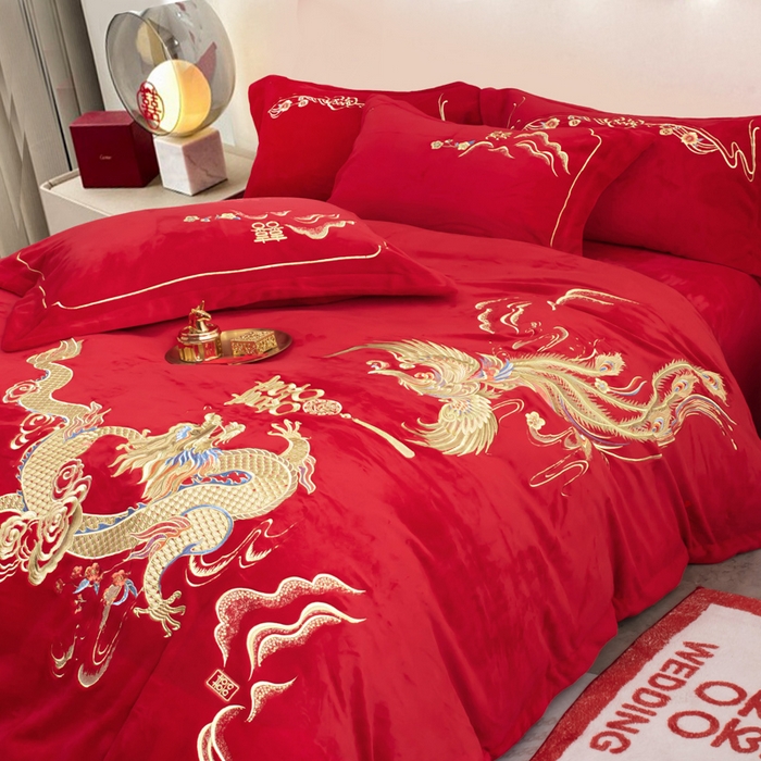 91家纺网 家纺一手货源 找家纺 千禧家纺 2025新款加厚高克重全消光牛奶绒刺绣婚庆四件套 龙吟凤舞