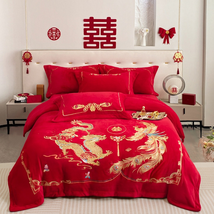 千禧家纺 2025新款加厚高克重全消光牛奶绒刺绣婚庆四件套 喜嫁龙凤