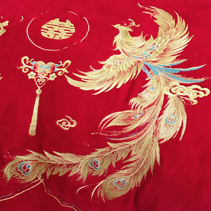 91家纺网 家纺一手货源 找家纺 千禧家纺 2025新款加厚高克重全消光牛奶绒刺绣婚庆四件套 喜嫁龙凤