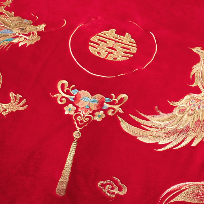 91家纺网 家纺一手货源 找家纺 千禧家纺 2025新款加厚高克重全消光牛奶绒刺绣婚庆四件套 喜嫁龙凤