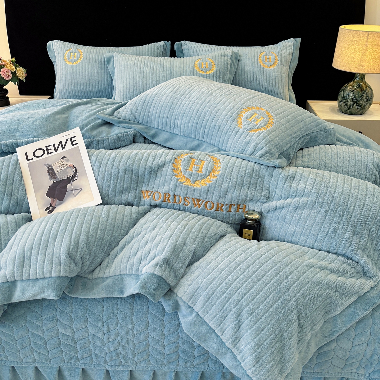 金艾草 2025新款纯色兔毛宽边刺绣床盖款四件套【工艺款】-铂爵 铂爵-蓝灰