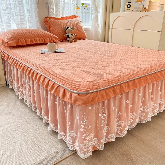 91家纺网 家纺一手货源 找家纺 家之硕家纺2025秋冬款多功能牛奶绒可拆卸式床笠床裙 暖橙色