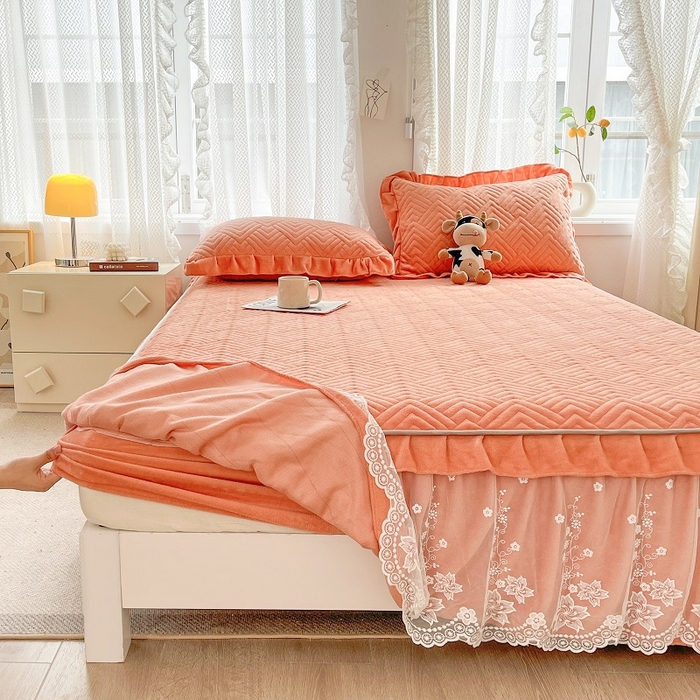 91家纺网 家纺一手货源 找家纺 家之硕家纺2025秋冬款多功能牛奶绒可拆卸式床笠床裙 暖橙色