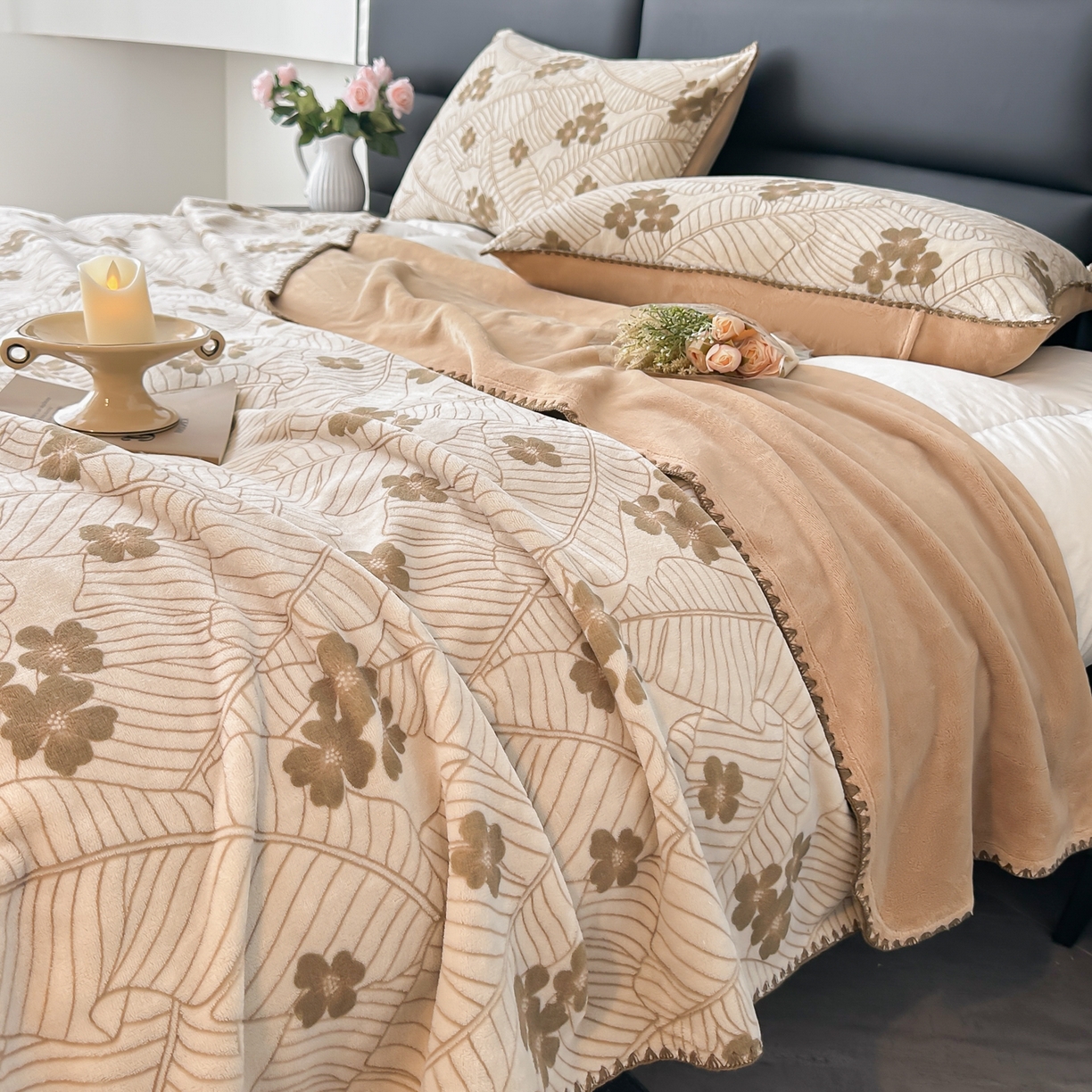 91家纺网 家纺一手货源 找家纺 卓缦家纺 2025新款高克重双层牛奶绒毛毯加厚冬季毛毯四季毯办公室午休毯牛奶绒床单 清新叶语-咖