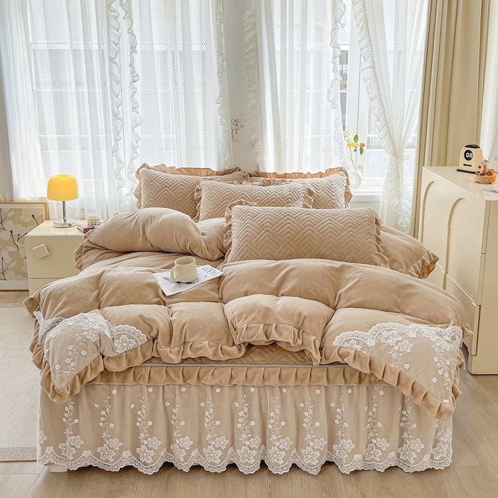 家之硕 2025秋冬款多功能牛奶绒可拆卸式床笠床裙四件套 奶咖