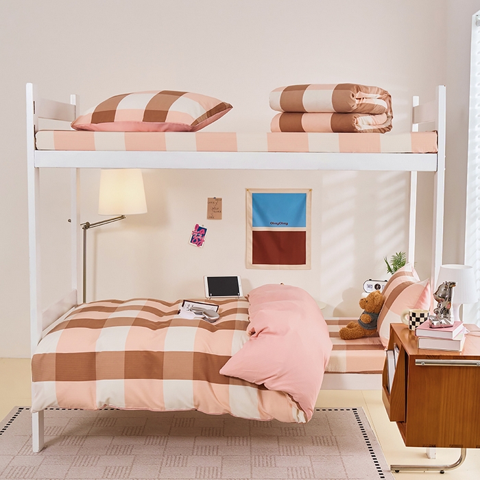 卢赛尔 2025新款简约格子水洗学生季学生宿舍三件套 粉大格