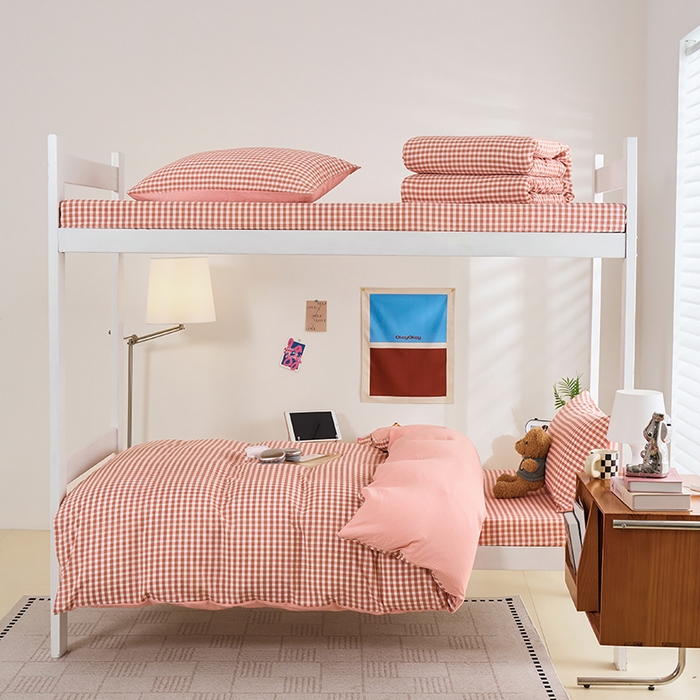 卢赛尔 2025新款简约格子水洗学生季学生宿舍三件套 粉小格