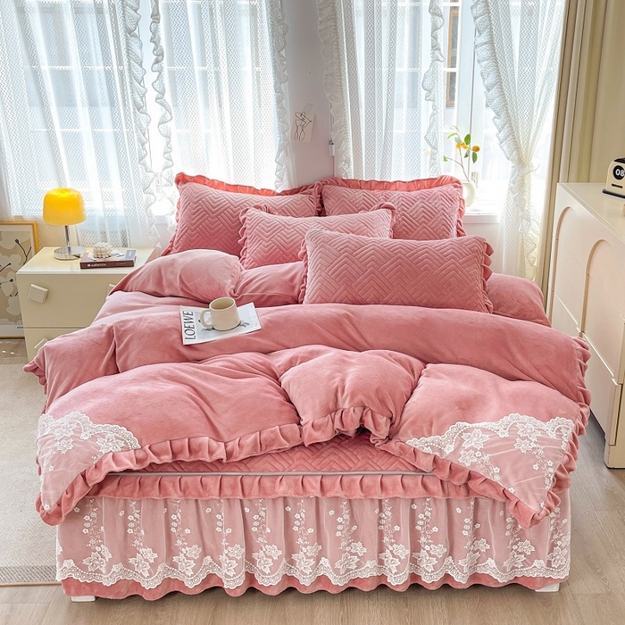 家之硕 2025秋冬款多功能牛奶绒可拆卸式床笠床裙四件套 豆沙粉