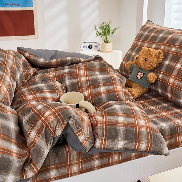 91家纺网 家纺一手货源 找家纺 卢赛尔 2025新款简约格子水洗学生季学生宿舍三件套 复古-棕