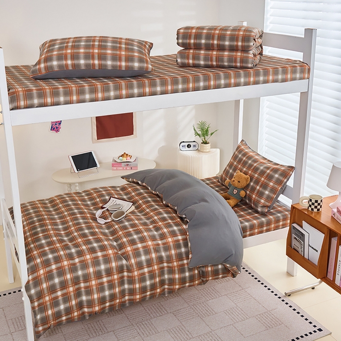 91家纺网 家纺一手货源 找家纺 卢赛尔 2025新款简约格子水洗学生季学生宿舍三件套 复古-棕