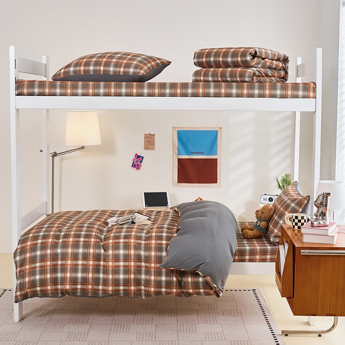 卢赛尔 2025新款简约格子水洗学生季学生宿舍三件套 复古-棕