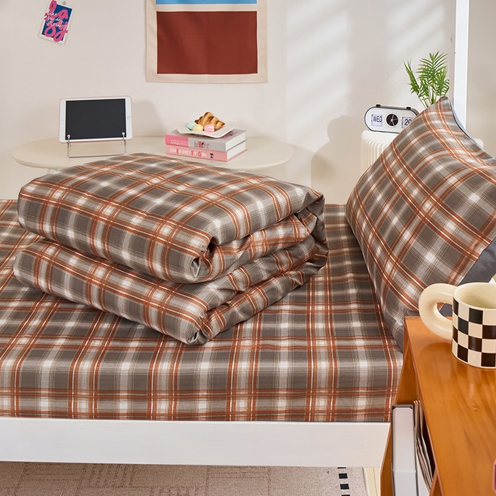 91家纺网 家纺一手货源 找家纺 卢赛尔 2025新款简约格子水洗学生季学生宿舍三件套 复古-棕