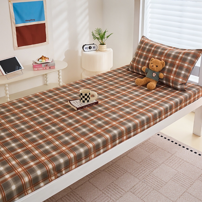 91家纺网 家纺一手货源 找家纺 卢赛尔 2025新款简约格子水洗学生季学生宿舍三件套 复古-棕