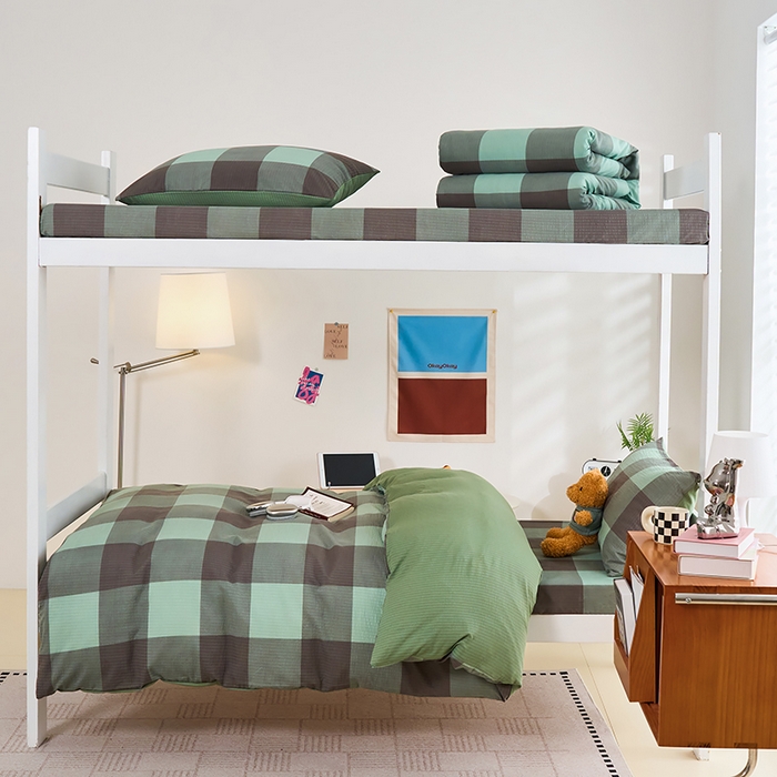 卢赛尔 2025新款简约格子水洗学生季学生宿舍三件套 赫本-绿