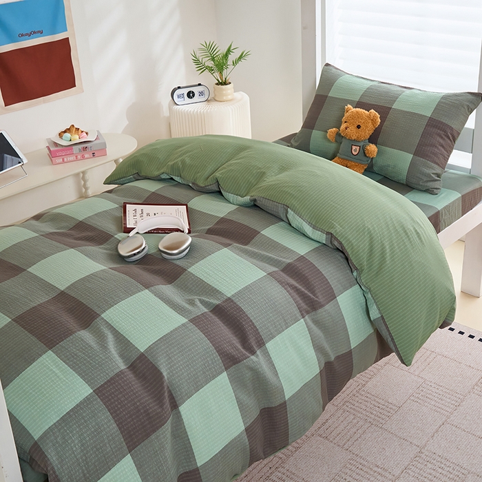 91家纺网 家纺一手货源 找家纺 卢赛尔 2025新款简约格子水洗学生季学生宿舍三件套 赫本-绿