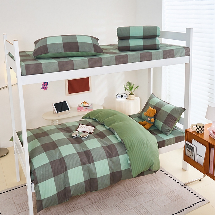 91家纺网 家纺一手货源 找家纺 卢赛尔 2025新款简约格子水洗学生季学生宿舍三件套 赫本-绿