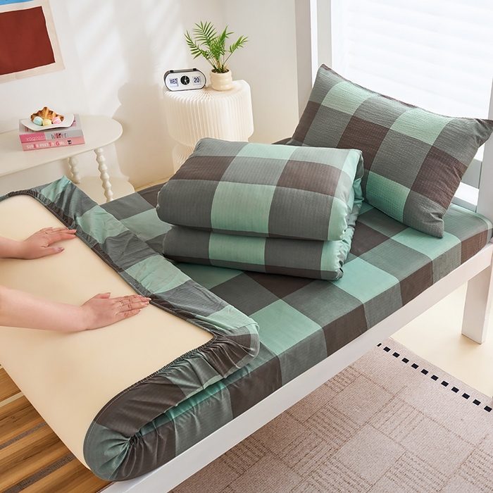 91家纺网 家纺一手货源 找家纺 卢赛尔 2025新款简约格子水洗学生季学生宿舍三件套 赫本-绿