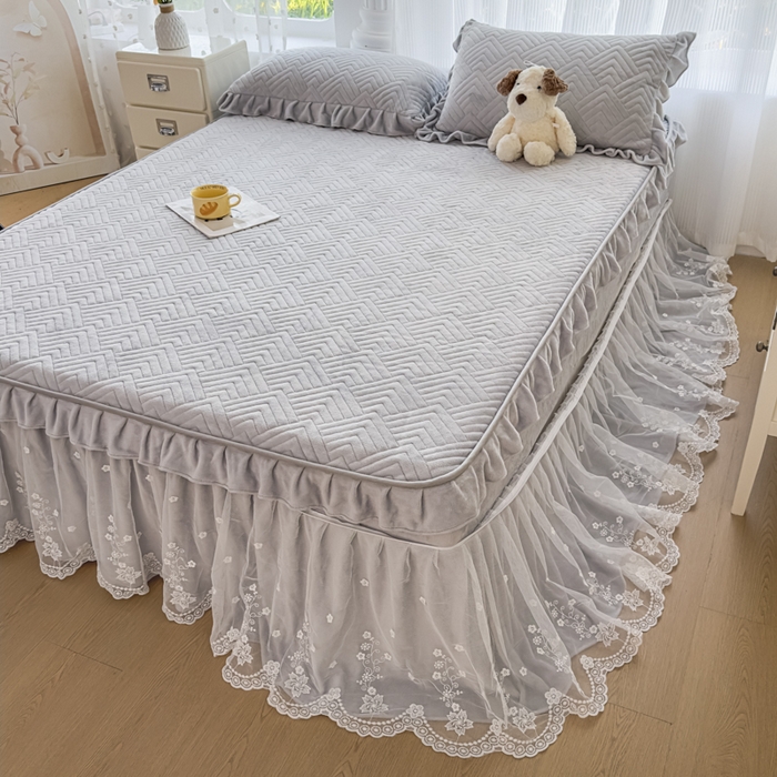 91家纺网 家纺一手货源 找家纺 家之硕 2025秋冬款多功能牛奶绒可拆卸式床笠床裙四件套 世纪灰