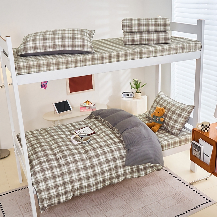 91家纺网 家纺一手货源 找家纺 卢赛尔 2025新款简约格子水洗学生季学生宿舍三件套 简爱-棕