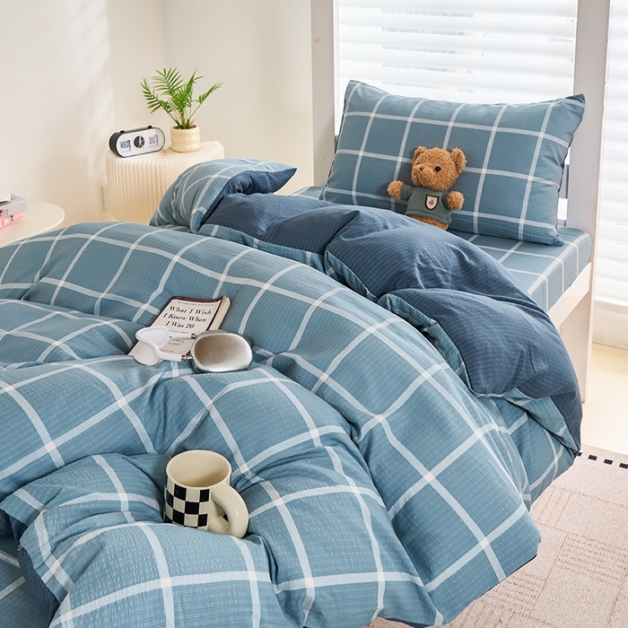 91家纺网 家纺一手货源 找家纺 卢赛尔 2025新款简约格子水洗学生季学生宿舍三件套 莫奈-兰