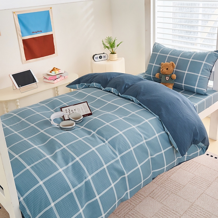 91家纺网 家纺一手货源 找家纺 卢赛尔 2025新款简约格子水洗学生季学生宿舍三件套 莫奈-兰