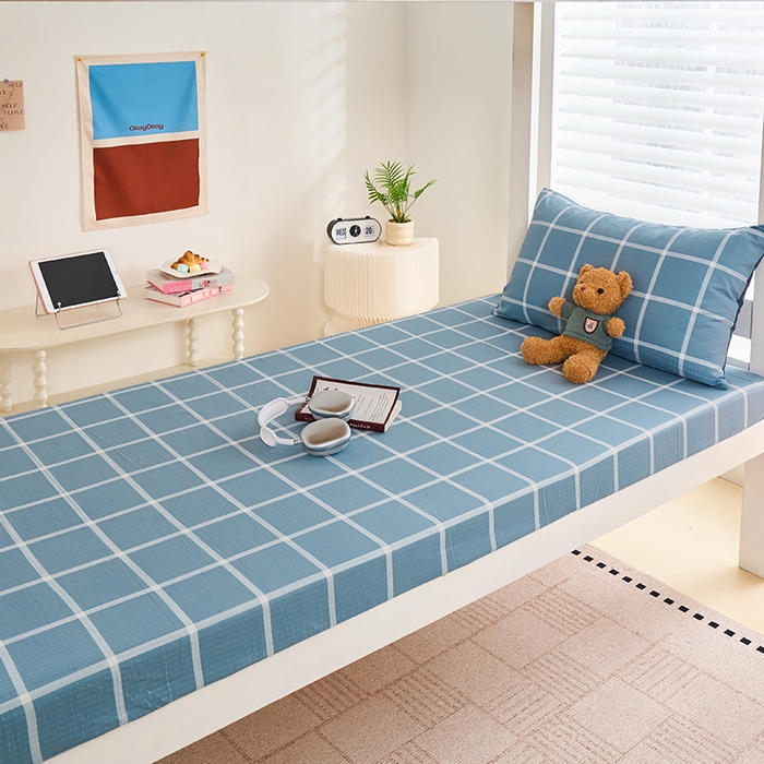 91家纺网 家纺一手货源 找家纺 卢赛尔 2025新款简约格子水洗学生季学生宿舍三件套 莫奈-兰