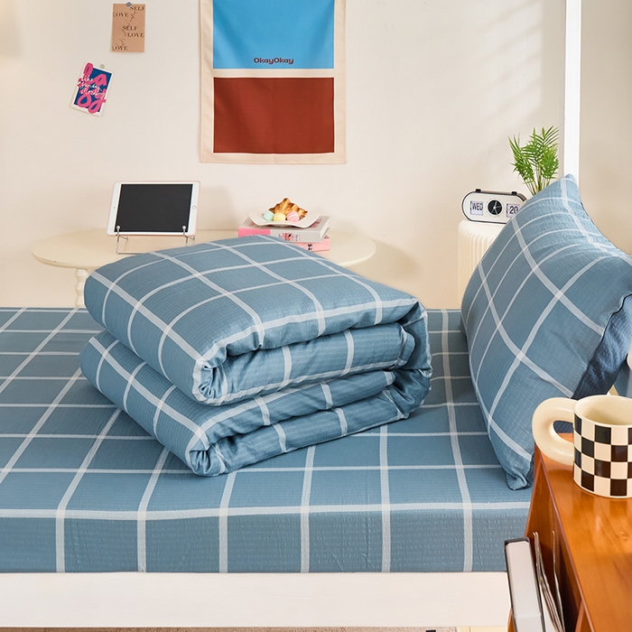 91家纺网 家纺一手货源 找家纺 卢赛尔 2025新款简约格子水洗学生季学生宿舍三件套 莫奈-兰