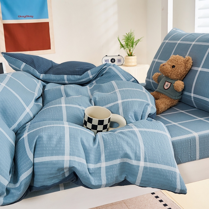 91家纺网 家纺一手货源 找家纺 卢赛尔 2025新款简约格子水洗学生季学生宿舍三件套 莫奈-兰