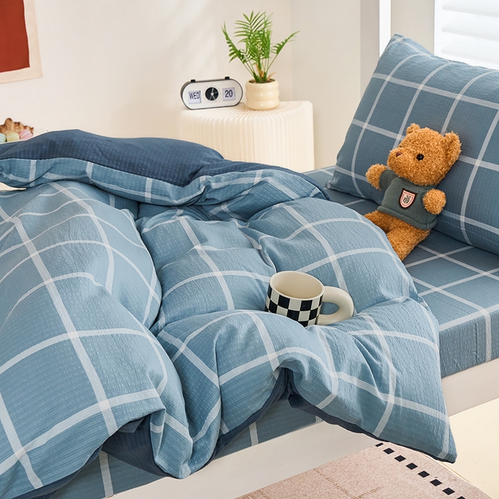 91家纺网 家纺一手货源 找家纺 卢赛尔 2025新款简约格子水洗学生季学生宿舍三件套 莫奈-兰