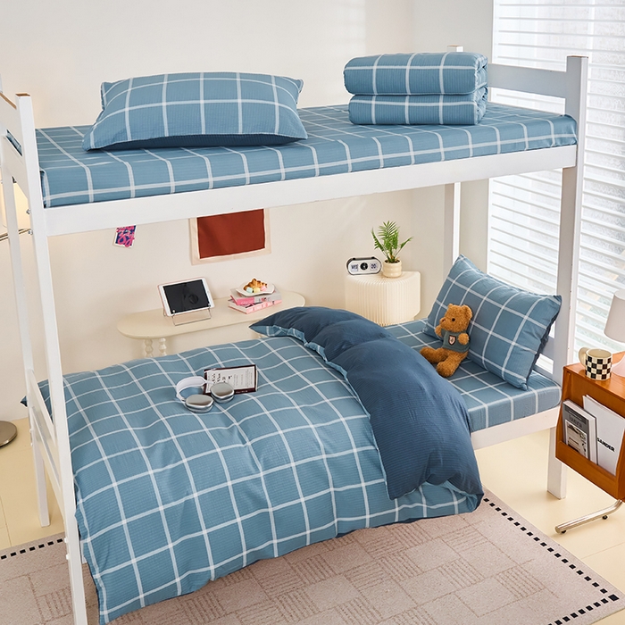 91家纺网 家纺一手货源 找家纺 卢赛尔 2025新款简约格子水洗学生季学生宿舍三件套 莫奈-兰