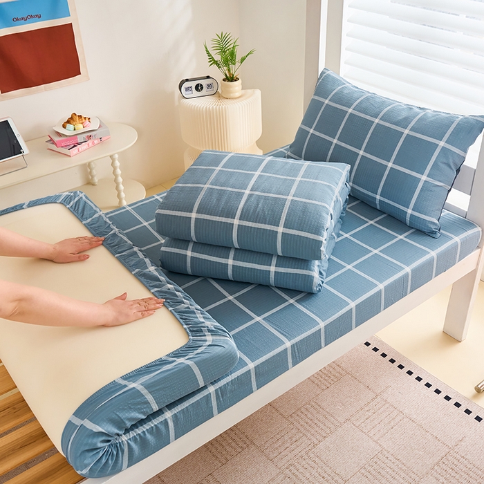 91家纺网 家纺一手货源 找家纺 卢赛尔 2025新款简约格子水洗学生季学生宿舍三件套 莫奈-兰